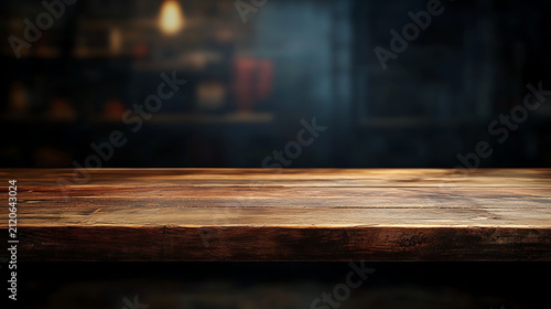 Empty wooden table surface with dark blurred background