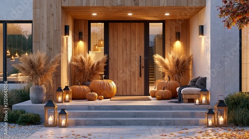Modern front door with pumpkins and lights in autumn evening at a Scandinavian home Generative AI