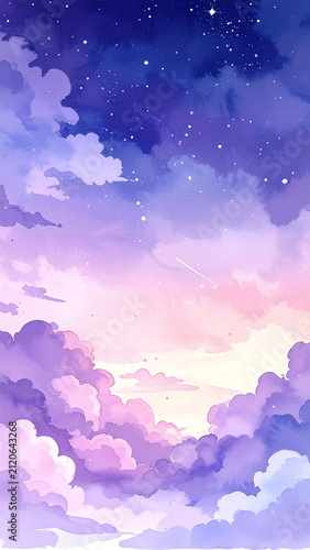 星空と紫のグラデーションに浮かぶ雲海の風景イラスト背景