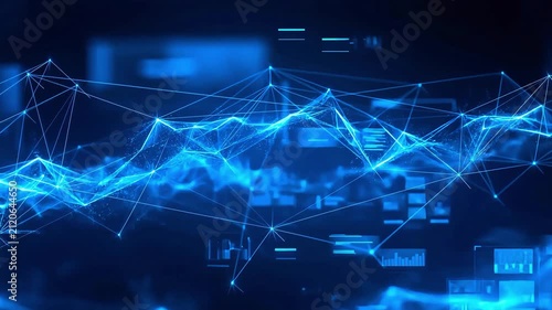 Futuristic digital network visual with glowing blue nodes and connected lines background.