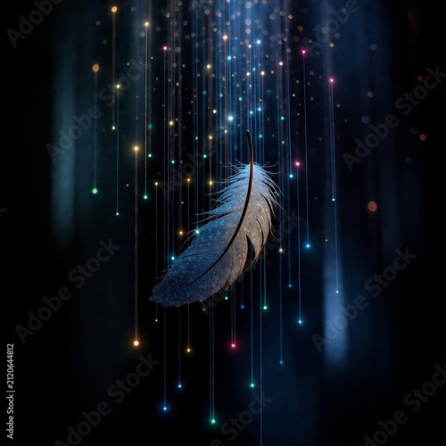 Feather suspended among colorful light particles in dark space  