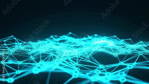 Abstract futuristic glowing cyan digital network mesh terrain on dark background.
