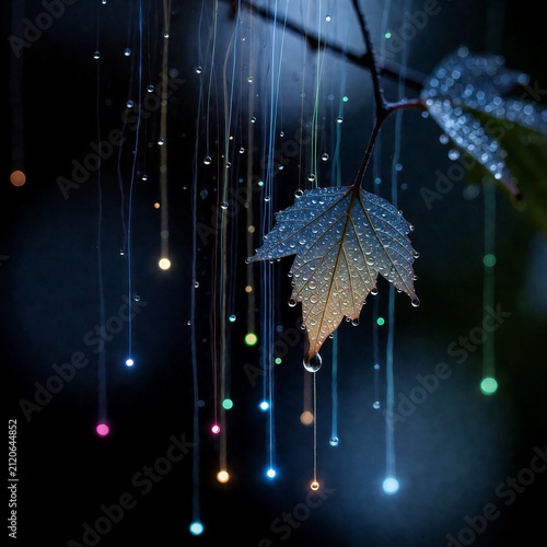 Colorful water droplets hanging from leaf in dark background  