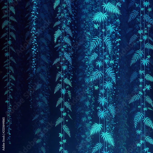 Vibrant green foliage with hanging vines in blue background  
