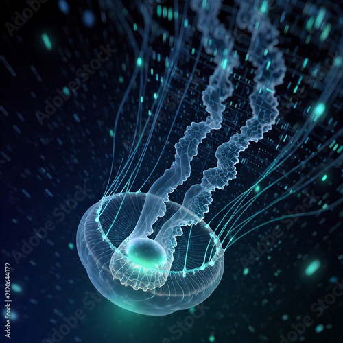 Glowing jellyfish swimming in dark ocean waters with light particles  
