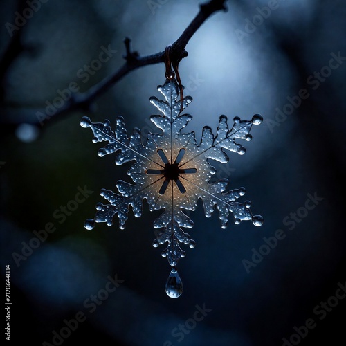 Frosted snowflake hanging from a branch with droplets on dark background  