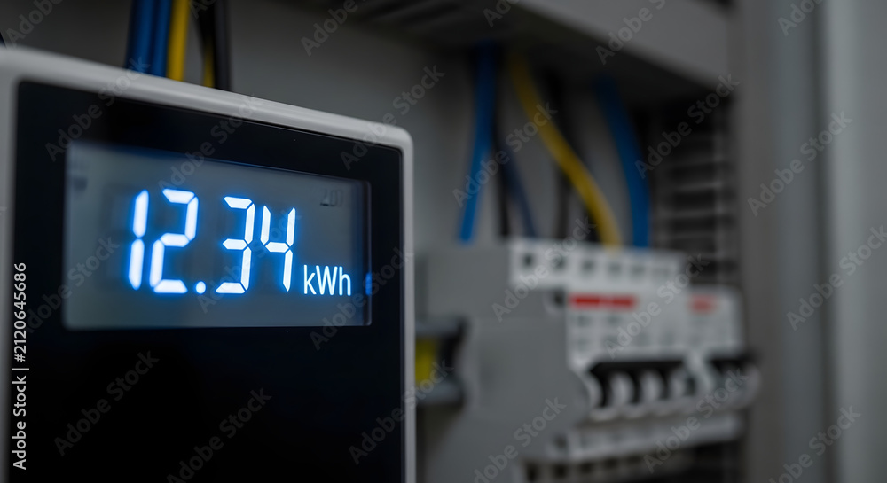 Fototapeta premium Digital electricity meter displaying power consumption reading in kilowatt hours inside an electrical panel box