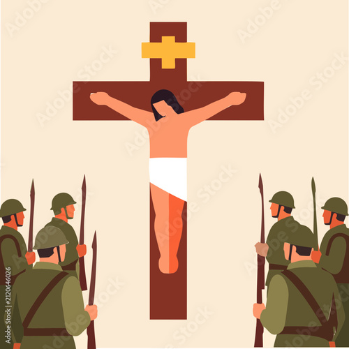 Jesus na cruz com dois soldados