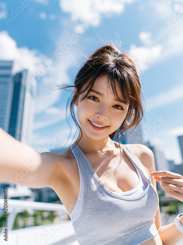 Japanese Woman Taking Fitness Selfie in Modern City