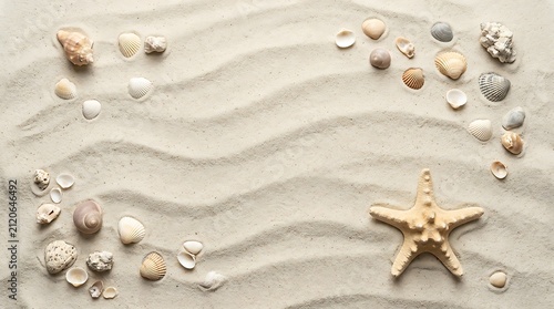 Starfish and assorted sea shells arranged on rippled white sand background with starfish, seashore