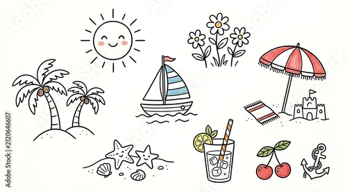 Colorful hand-drawn summer vacation doodles with beach symbols and tropical elements, vacation