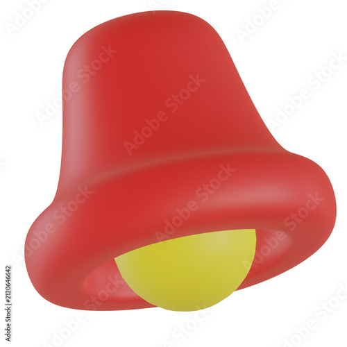 Cuadro en lienzo Representación en modelado 3D de una campana de notificación roja estilo caricatura con badajo amarillo vista desde un ángulo inferior, aislada sobre un fondo negro sólido