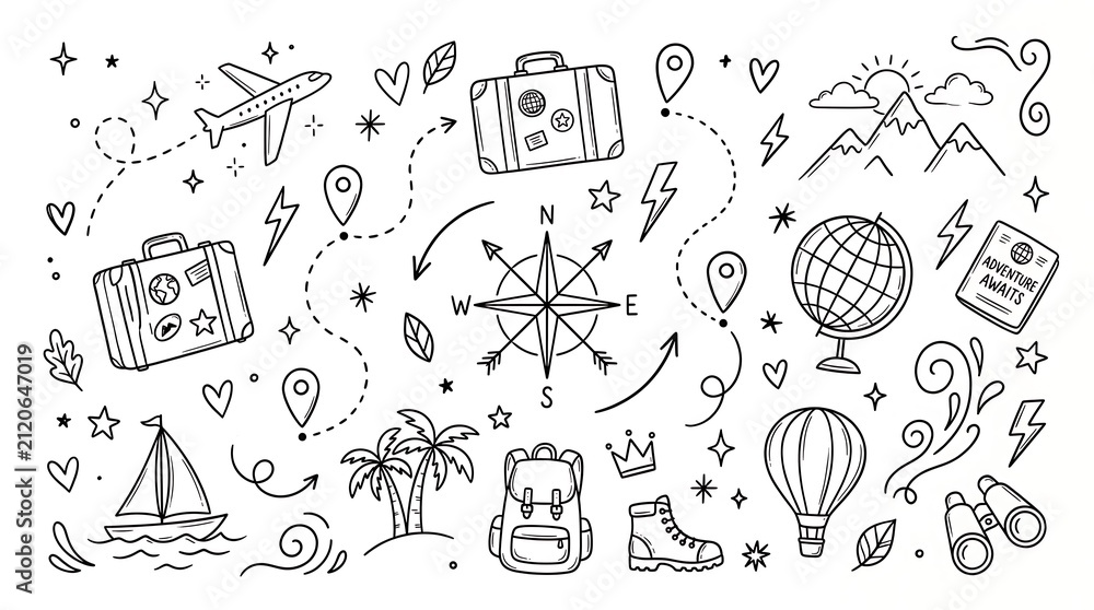Fototapeta premium Hand drawn travel doodles set with compass globe and suitcases on white background, suitcase