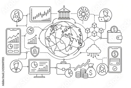 Global fintech ecosystem outline vector with mobile banking, blockchain, AI, cloud computing and digital finance network.