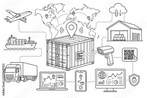 Smart logistics and global supply chain tracking with QR code inventory management outline vector illustration.