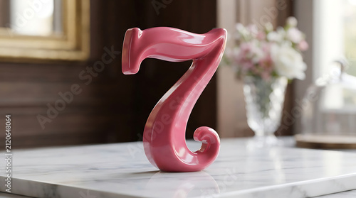 Number seven stands as a polished pink ceramic sculpture upon a white marble tabletop.