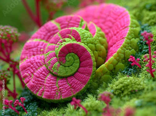  Bright Pink and Green Spiral Fractal Structure in Mossy Nature