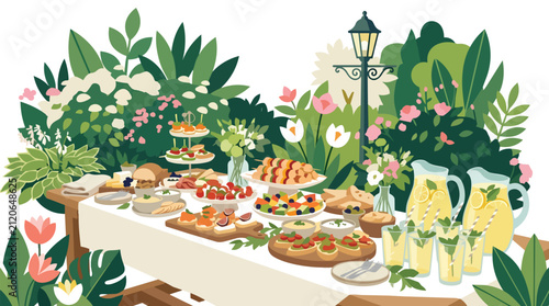 Garden party buffet table with summer catering and gourmet snacks flat vector illustration for event planning services