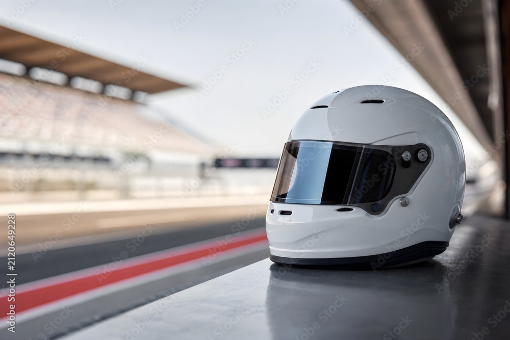 Fototapeta premium Premium Racing Helmet Resting Trackside with Polished Reflections and a Dramatically Blurred Circuit Behind It