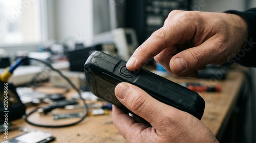Inspector holding a returned item's power button down to test the startup sequence - Reverse Logistics Stock Photo