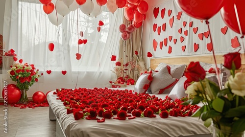 Romantic Bedroom Scene Decorated with Red Rose Petals and Floating Heart Ornaments