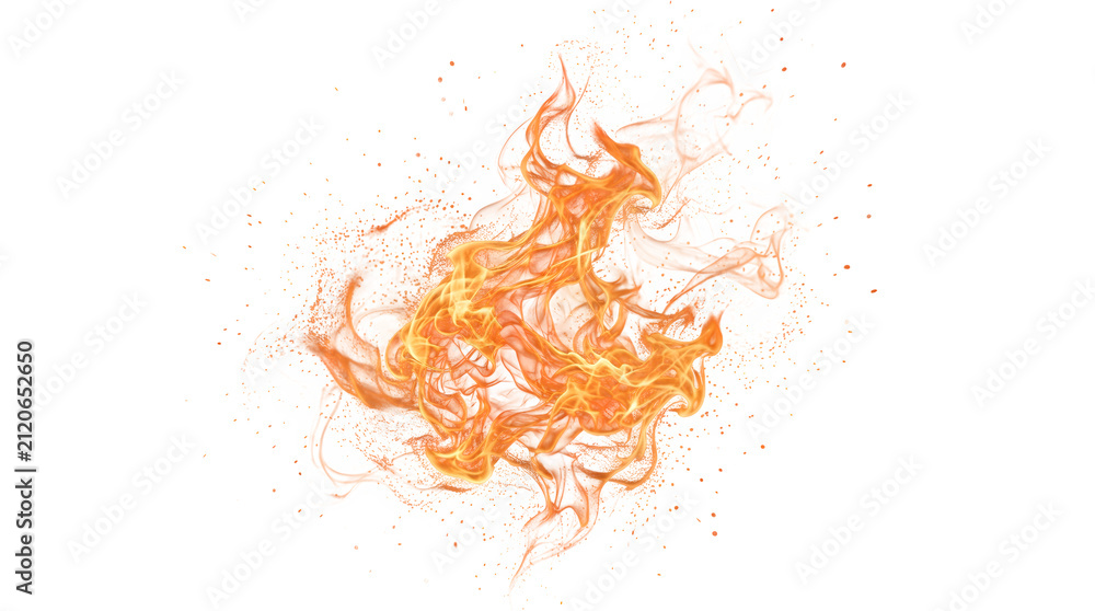 Obraz premium Bright orange fire flame explosion with flying sparks transparent png
