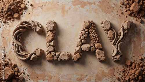 Close-up word clay spelled large irregularly shaped stones arranged way form letters alphabet made light-color