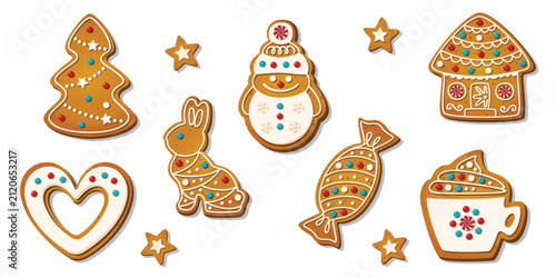 Christmas Gingerbread cookies for xmas celebration. Winter homemade biscuits with sweet icing details in festive shapes isolated on white background. Cartoon vector illustration