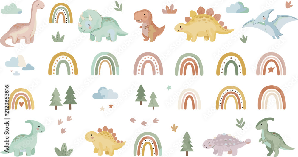 Obraz premium Cute Boho Watercolor Dinosaur and Rainbow Element Set with Cartoon Brachiosaurus, Triceratops, and Tyrannosaurus Mascots for Kids Nursery Wall Art Designs