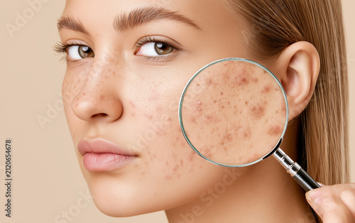 Teenage girl with acne problem visiting dermatologist, closeup. Skin under magnifying glass