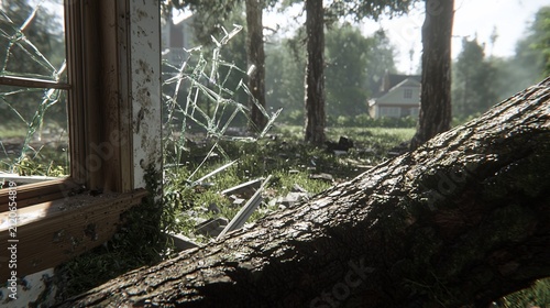 Broken Window View of Abandoned House and Fallen Tree