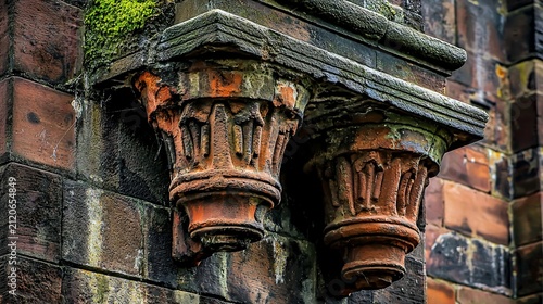Weathered Terracotta Corbels on Historic Brick Wall