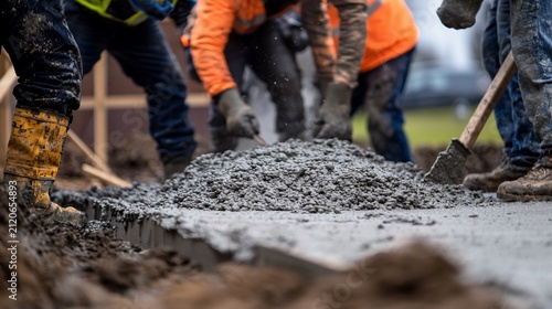 Construction Workers Pouring Fresh Concrete Foundation