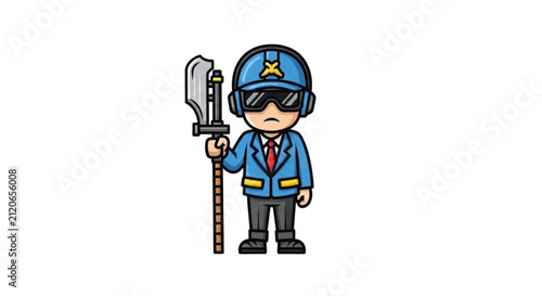 Flat cartoon illustration of a warrior holding a halberd, isolated on white background