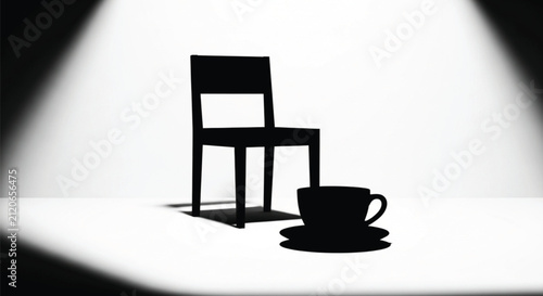 Minimalist Silhouette of a Chair Under a Spotlight, High Contrast Black and White