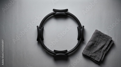 Black pilates ring on yoga mat. Fitness equipment for core strength and muscle toning.