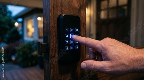 Hand pressing digital keypad on door. Person entering security code on smart home lock.