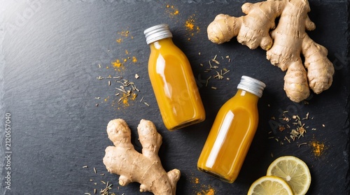 Bottles of fresh ginger juice. Organic ginger root shots for healthy immune system boost.