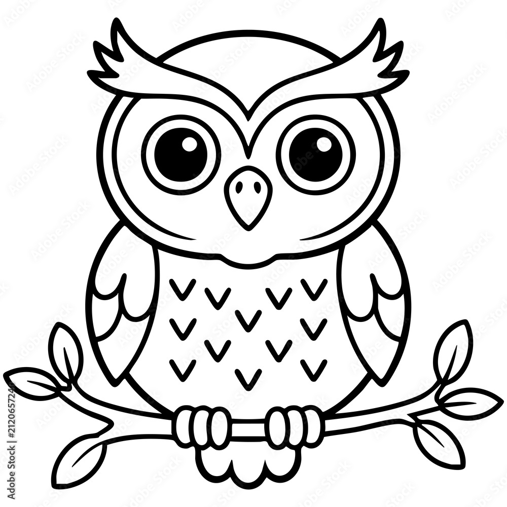 Fototapeta premium Child Friendly Owl Design With Symmetrical Body And Branch Outline Illustration Isolated on a Transparent or White Background