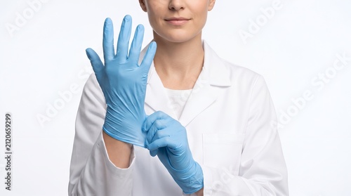 Professional preparing for work, putting on blue protective gloves for safety and hygiene