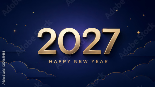Luxury Happy New Year 2027 Banner with Elegant Gold Numbers on Dark Blue Background, Festive Holiday Greeting Design