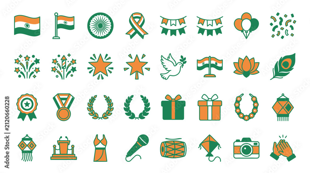 Fototapeta premium Indian Independence Day Celebration Icons: Tricolor Flags, Garland, Kite, Camera, Gifts, Lotus