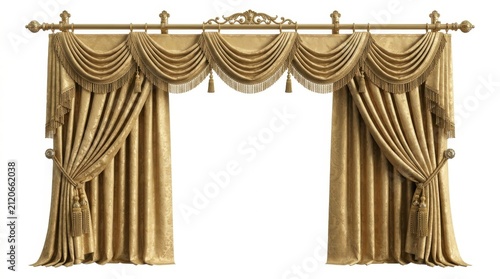 Luxurious golden curtains with tassels isolated on white background