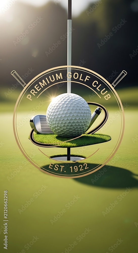 Fototapeta premium Premium golf club emblem with ball and green field background