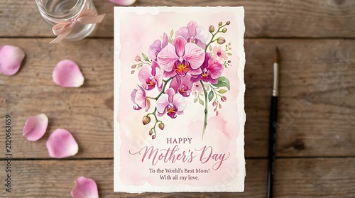 Elegant Happy Mother's Day Greeting Card with Pink Orchid Watercolor Illustration on Wooden Background