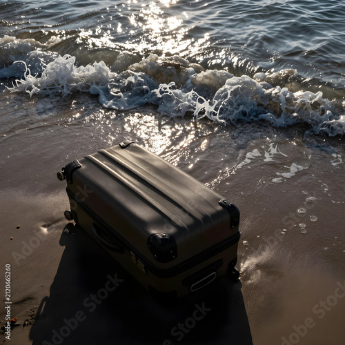 Dark suitcase on a sandy be...