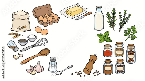 Culinary Ingredients and Kitchen Utensils Arranged in a Circular Frame.