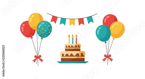 Birthday Celebration with Balloons, Bunting and Cake Elements - Vector Illustration