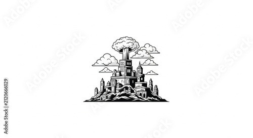 Black and White Cartoon Illustration of a Hilltop Castle with Clouds