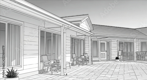 Black and White Cartoon Illustration of a Modern Patio with Furniture and Plant